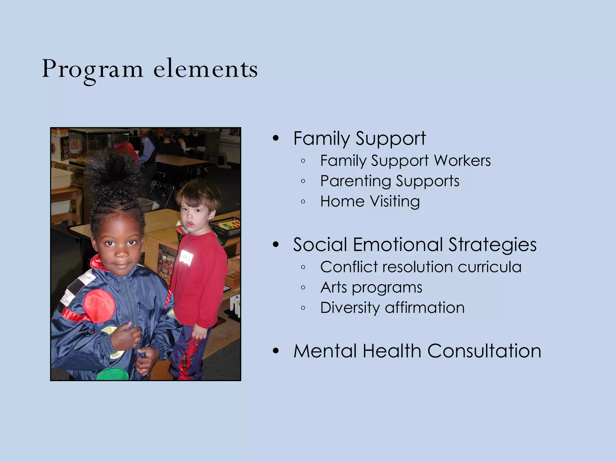 Program elements Family Support Family Support Workers Parenting Supports Home Visiting Social Emotional Strategies Conflict resolution curricula Arts programs Diversity affirmation Mental Health Consultation 