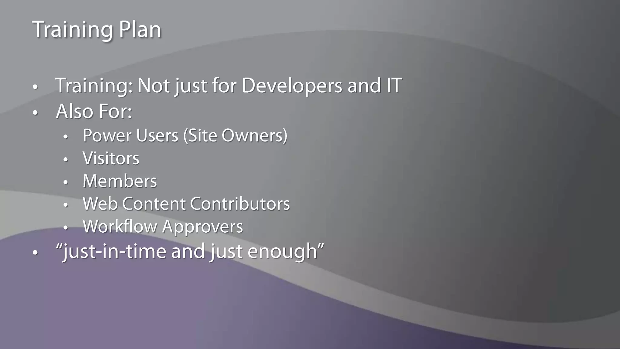 What Users WantConnecting SharePoint to Business  GoalsUsers want to see the connectionOutcomes, not requirementsElegant Solution DesignDon’t make users go through five screens to do one taskWhat’s in it for me?Users want to understand what they get out of using the system (why they have to add metadata, for example)