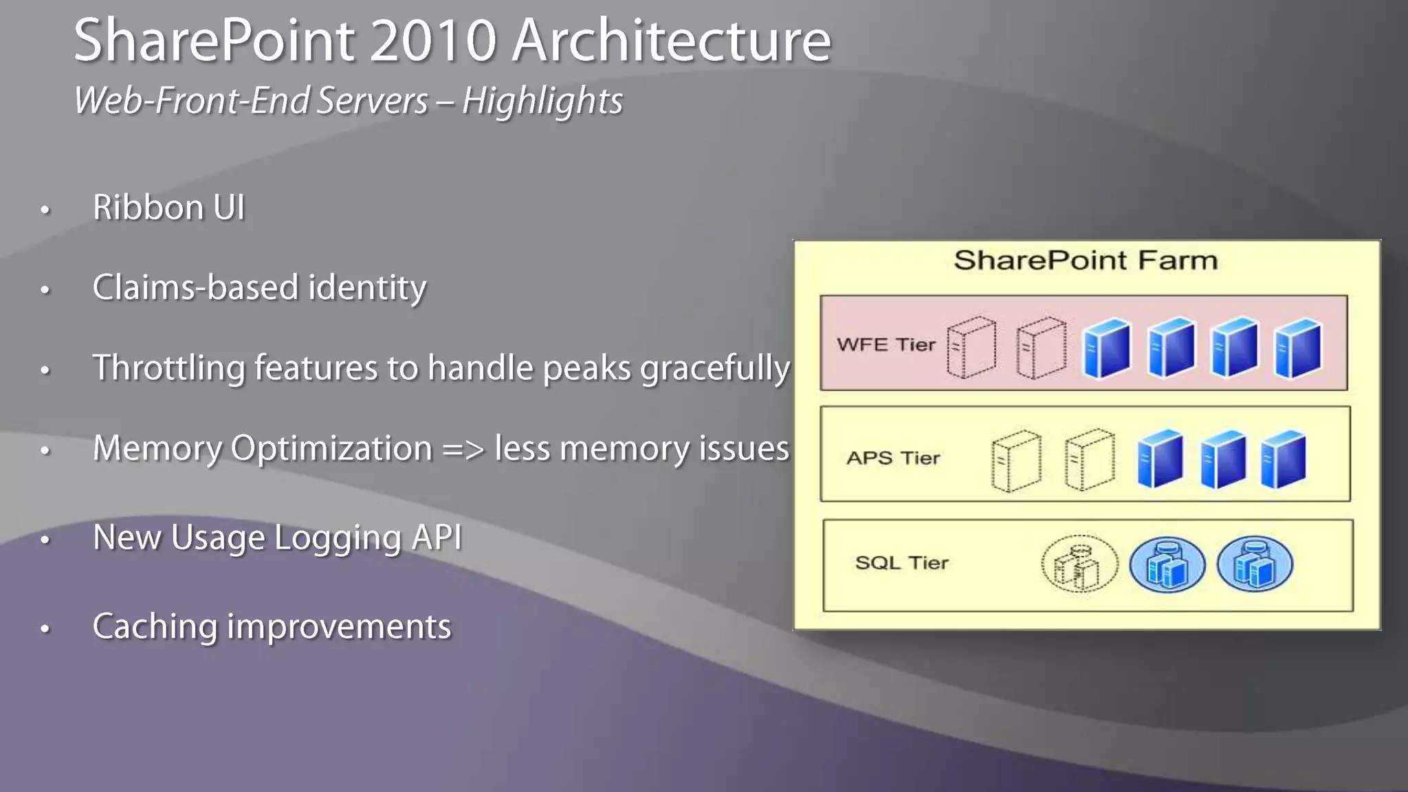 SharePoint 2010 ArchitectureMore ScalableSignificant work invested in  SQL (to eliminate locks, etc.)New Service model  and Timer job affinity allows server “grouping”Extensive performance and reliability testingHighly scalable Search Architecture