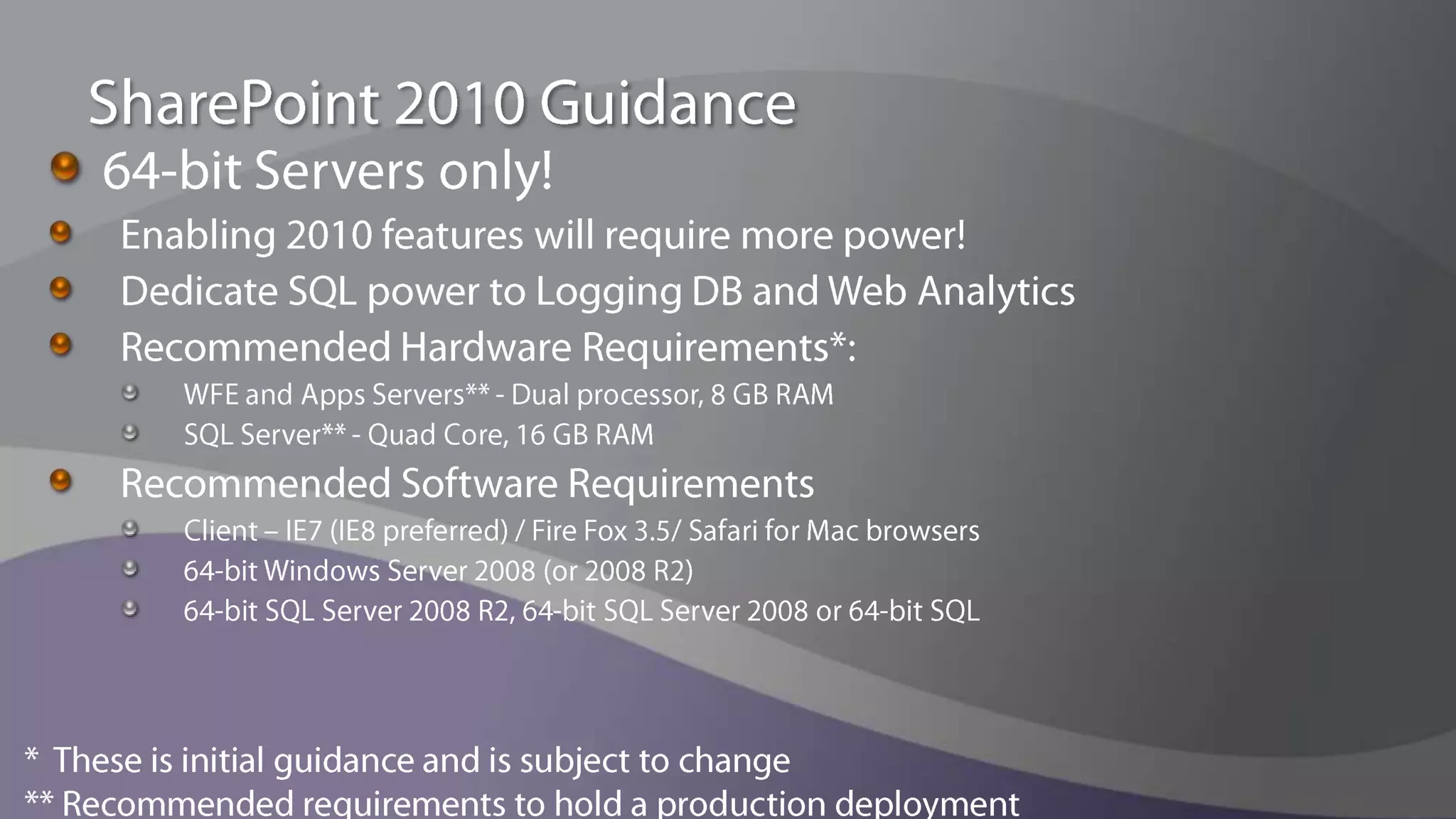 What Differentiates SharePoint Deployments?Hardware, Setting and TopologyFacts: # of servers, HW spec, rolesTuning Options: Add WFE or App Server, tune settingsYour Star.DatasetFacts: #of Site collections, DBs, Web Apps, Data SizeTuning Options: Split Site Collections, Balance Content DBsWorkloadFacts: purpose, services, # of Total users, concurrency, RPSTuning Options: Split farms, disable services, block clientsHealth And Performance Score (The SLA)  Availability, Latency, Throughput, Responsiveness, Failure Rate… 