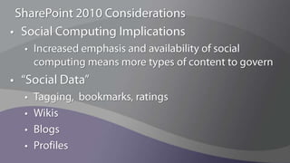 Common Implementation MistakesJumping into implementation without an enterprise strategy aligned to business objectivesNot treating SharePoint like an enterprise applicationNot defining policies on what to use SharePoint for (and what not to use it for)Empowering users without appropriate training and guidance (i.e. security management)Not planning for scale and/or growthNot providing SharePoint as a centralized service for the organizationNot testing the backup/recovery process