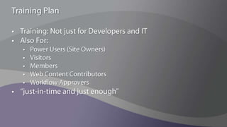 What Users WantConnecting SharePoint to Business  GoalsUsers want to see the connectionOutcomes, not requirementsElegant Solution DesignDon’t make users go through five screens to do one taskWhat’s in it for me?Users want to understand what they get out of using the system (why they have to add metadata, for example)