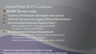 What Differentiates SharePoint Deployments?Hardware, Setting and TopologyFacts: # of servers, HW spec, rolesTuning Options: Add WFE or App Server, tune settingsYour Star.DatasetFacts: #of Site collections, DBs, Web Apps, Data SizeTuning Options: Split Site Collections, Balance Content DBsWorkloadFacts: purpose, services, # of Total users, concurrency, RPSTuning Options: Split farms, disable services, block clientsHealth And Performance Score (The SLA)  Availability, Latency, Throughput, Responsiveness, Failure Rate… 
