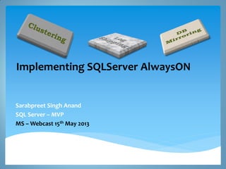 Implementing SQLServer AlwaysON
Sarabpreet Singh Anand
SQL Server – MVP
MS – Webcast 15th May 2013
 