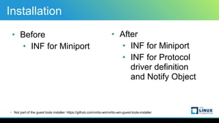 Installation
• Before
• INF for Miniport
• After
• INF for Miniport
• INF for Protocol
driver definition
and Notify Object...