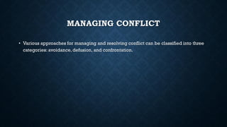 MANAGING CONFLICT
• Various approaches for managing and resolving conflict can be classified into three
categories: avoidance, defusion, and confrontation.
 