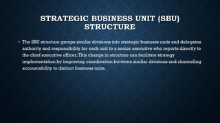 STRATEGIC BUSINESS UNIT (SBU)
STRUCTURE
• The SBU structure groups similar divisions into strategic business units and delegates
authority and responsibility for each unit to a senior executive who reports directly to
the chief executive officer.This change in structure can facilitate strategy
implementation by improving coordination between similar divisions and channeling
accountability to distinct business units.
 