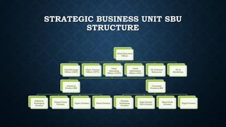 STRATEGIC BUSINESS UNIT SBU
STRUCTURE
Chief Executive
Officer
Chief Strategy
Officer (CSO)
Chief Finance
Officer (CFO)
Chief
Operating
Officer (COO)
Industrial
Product SBU
Adhesive
Packaging
Division
Tubes/Cores
Division
Paper Division Reels Division
Consumer
Products SBU
Flexible
Packaging
Division
High Density
Film Division
Metal Ends
Division
Rigid Division
Chief
Information
Officer (CIO)
VP of Human
Resources
VP of
Marketing
 