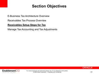 -13-
For Oracle employees and authorized partners only. Do not distribute to third parties.
© 2009 Oracle Corporation – Proprietary and Confidential
Section Objectives
E-Business Tax Architecture Overview
Receivables Tax Process Overview
Receivables Setup Steps for Tax
Manage Tax Accounting and Tax Adjustments
 