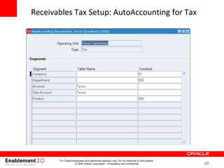 -17-
Receivables Tax Setup: AutoAccounting for Tax
For Oracle employees and authorized partners only. Do not distribute to third parties.
© 2009 Oracle Corporation – Proprietary and Confidential
 