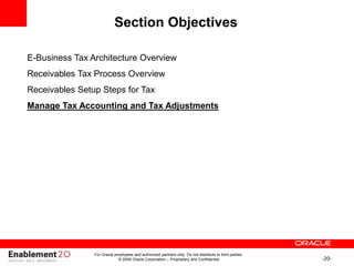-20-
For Oracle employees and authorized partners only. Do not distribute to third parties.
© 2009 Oracle Corporation – Proprietary and Confidential
Section Objectives
E-Business Tax Architecture Overview
Receivables Tax Process Overview
Receivables Setup Steps for Tax
Manage Tax Accounting and Tax Adjustments
 