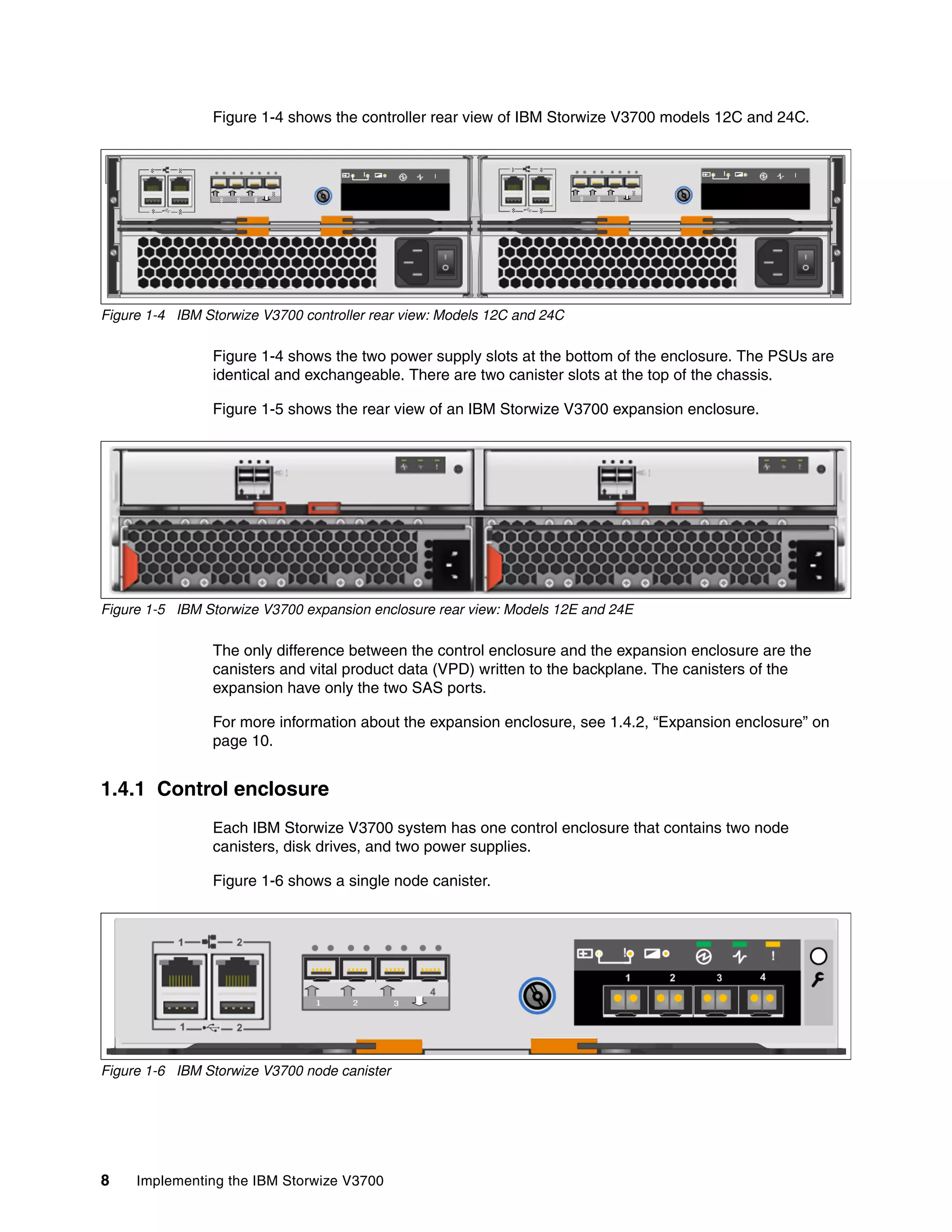 8 Implementing the IBM Storwize V3700
Figure 1-4 shows the controller rear view of IBM Storwize V3700 models 12C and 24C.
Figure 1-4 IBM Storwize V3700 controller rear view: Models 12C and 24C
Figure 1-4 shows the two power supply slots at the bottom of the enclosure. The PSUs are
identical and exchangeable. There are two canister slots at the top of the chassis.
Figure 1-5 shows the rear view of an IBM Storwize V3700 expansion enclosure.
Figure 1-5 IBM Storwize V3700 expansion enclosure rear view: Models 12E and 24E
The only difference between the control enclosure and the expansion enclosure are the
canisters and vital product data (VPD) written to the backplane. The canisters of the
expansion have only the two SAS ports.
For more information about the expansion enclosure, see 1.4.2, “Expansion enclosure” on
page 10.
1.4.1 Control enclosure
Each IBM Storwize V3700 system has one control enclosure that contains two node
canisters, disk drives, and two power supplies.
Figure 1-6 shows a single node canister.
Figure 1-6 IBM Storwize V3700 node canister
 