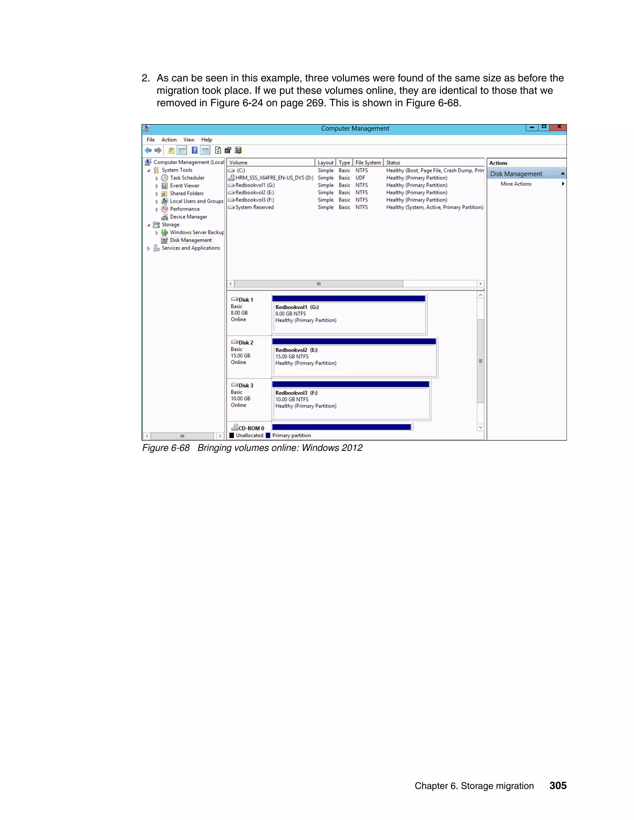 Chapter 6. Storage migration 305
2. As can be seen in this example, three volumes were found of the same size as before the
migration took place. If we put these volumes online, they are identical to those that we
removed in Figure 6-24 on page 269. This is shown in Figure 6-68.
Figure 6-68 Bringing volumes online: Windows 2012
 
