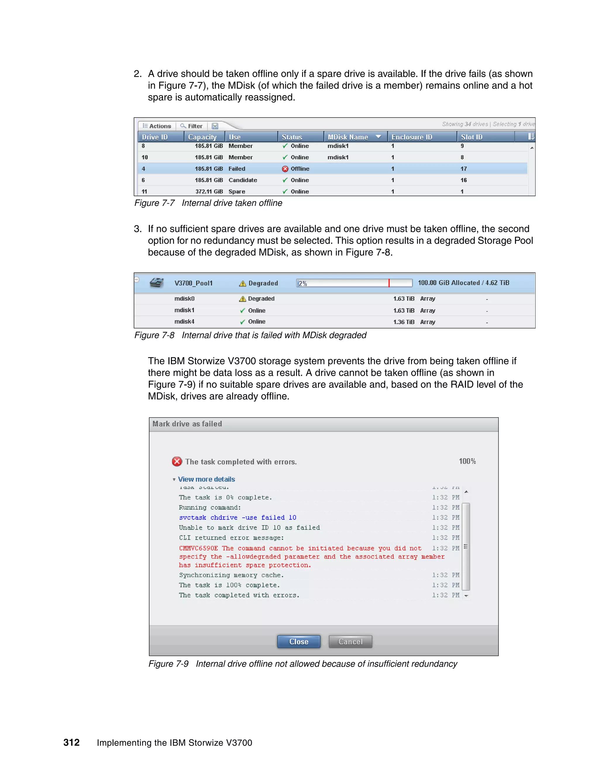 312 Implementing the IBM Storwize V3700
2. A drive should be taken offline only if a spare drive is available. If the drive fails (as shown
in Figure 7-7), the MDisk (of which the failed drive is a member) remains online and a hot
spare is automatically reassigned.
Figure 7-7 Internal drive taken offline
3. If no sufficient spare drives are available and one drive must be taken offline, the second
option for no redundancy must be selected. This option results in a degraded Storage Pool
because of the degraded MDisk, as shown in Figure 7-8.
Figure 7-8 Internal drive that is failed with MDisk degraded
The IBM Storwize V3700 storage system prevents the drive from being taken offline if
there might be data loss as a result. A drive cannot be taken offline (as shown in
Figure 7-9) if no suitable spare drives are available and, based on the RAID level of the
MDisk, drives are already offline.
Figure 7-9 Internal drive offline not allowed because of insufficient redundancy
 