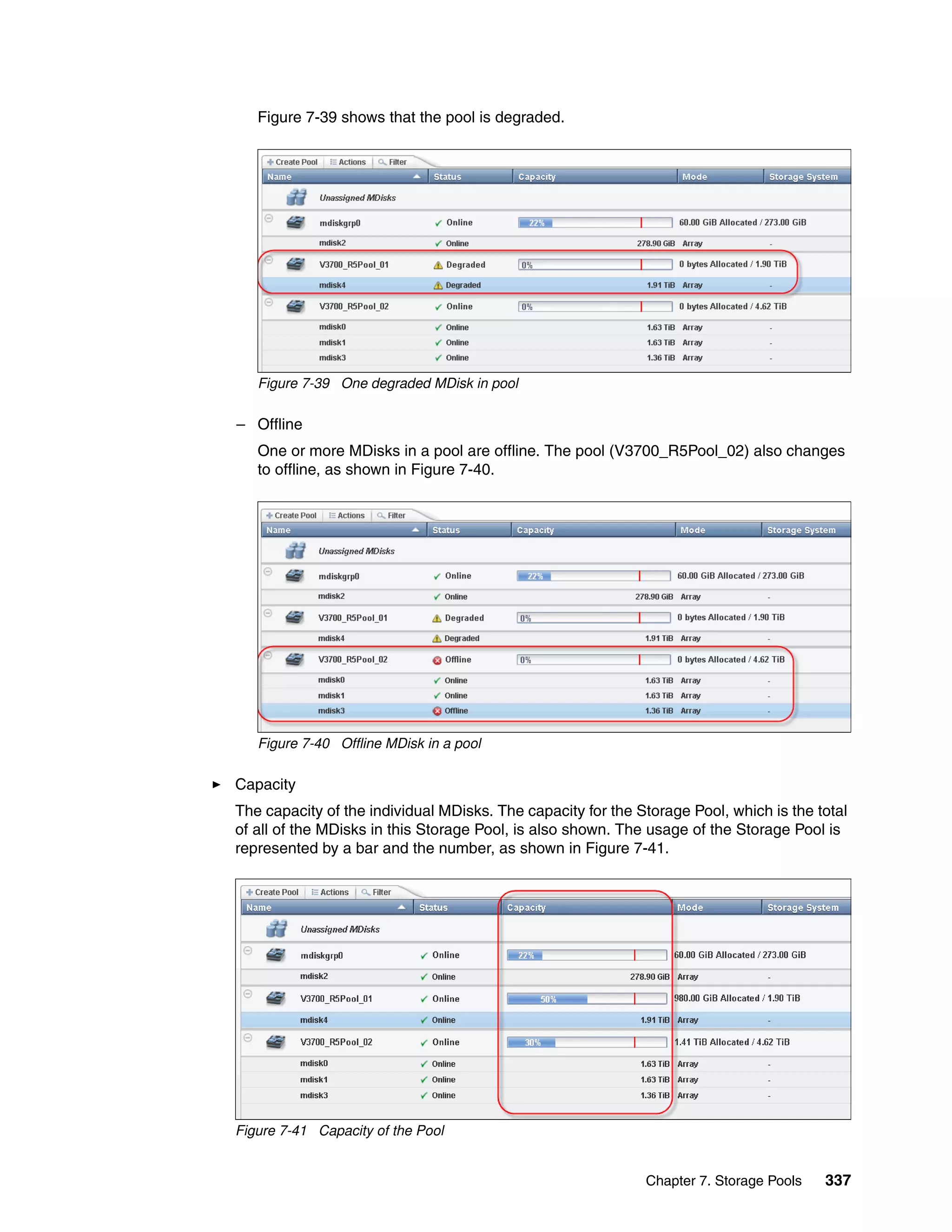 Chapter 7. Storage Pools 337
Figure 7-39 shows that the pool is degraded.
Figure 7-39 One degraded MDisk in pool
– Offline
One or more MDisks in a pool are offline. The pool (V3700_R5Pool_02) also changes
to offline, as shown in Figure 7-40.
Figure 7-40 Offline MDisk in a pool
Capacity
The capacity of the individual MDisks. The capacity for the Storage Pool, which is the total
of all of the MDisks in this Storage Pool, is also shown. The usage of the Storage Pool is
represented by a bar and the number, as shown in Figure 7-41.
Figure 7-41 Capacity of the Pool
 