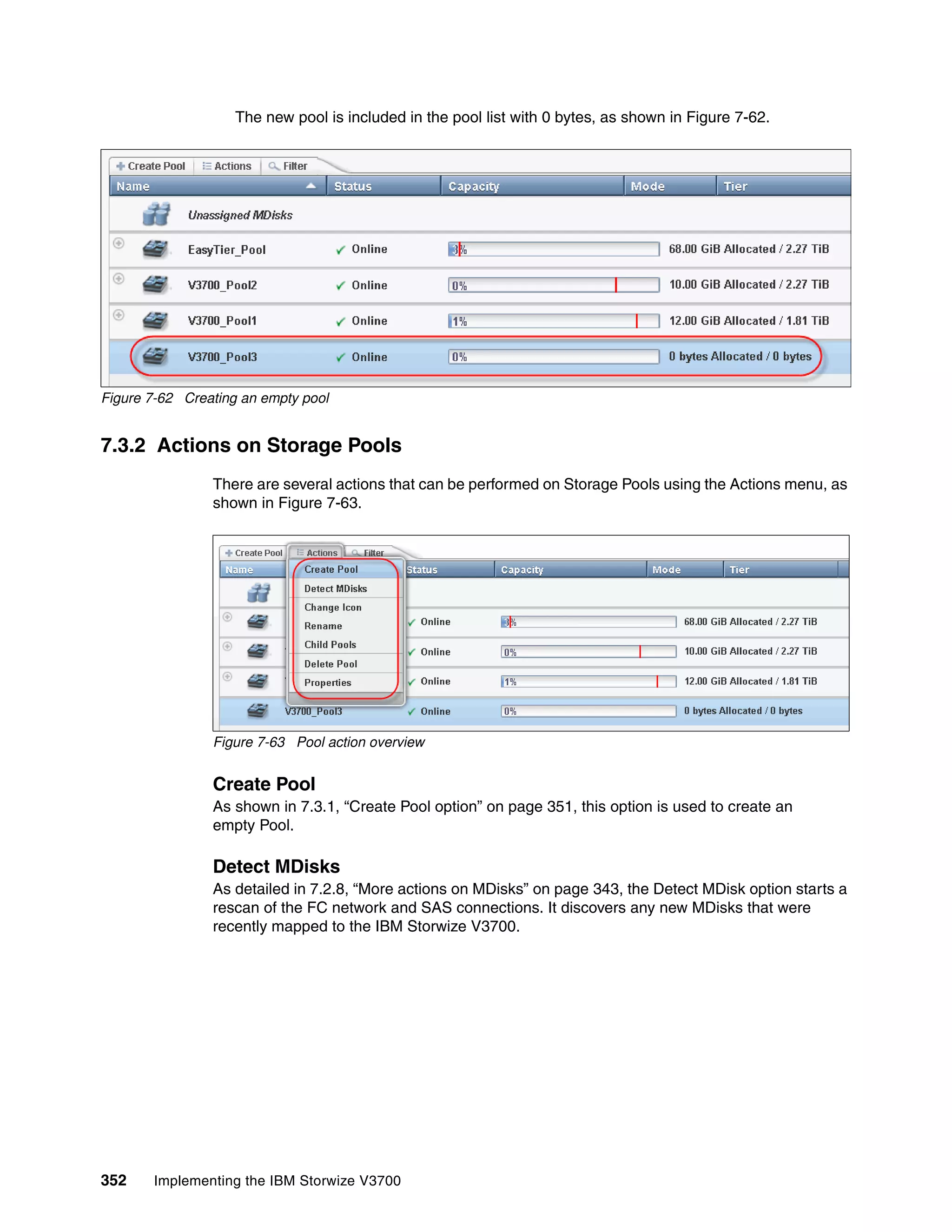352 Implementing the IBM Storwize V3700
The new pool is included in the pool list with 0 bytes, as shown in Figure 7-62.
Figure 7-62 Creating an empty pool
7.3.2 Actions on Storage Pools
There are several actions that can be performed on Storage Pools using the Actions menu, as
shown in Figure 7-63.
Figure 7-63 Pool action overview
Create Pool
As shown in 7.3.1, “Create Pool option” on page 351, this option is used to create an
empty Pool.
Detect MDisks
As detailed in 7.2.8, “More actions on MDisks” on page 343, the Detect MDisk option starts a
rescan of the FC network and SAS connections. It discovers any new MDisks that were
recently mapped to the IBM Storwize V3700.
 