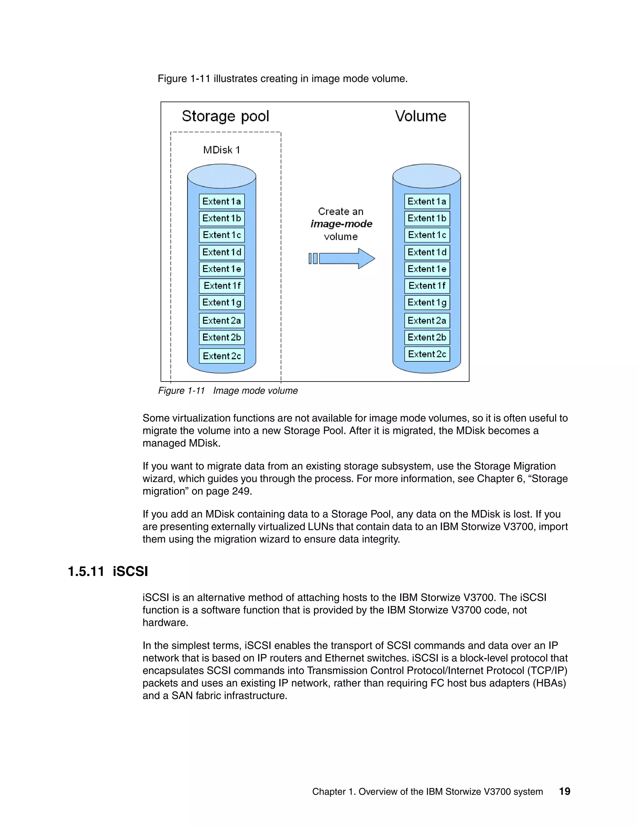 Chapter 1. Overview of the IBM Storwize V3700 system 19
Figure 1-11 illustrates creating in image mode volume.
Figure 1-11 Image mode volume
Some virtualization functions are not available for image mode volumes, so it is often useful to
migrate the volume into a new Storage Pool. After it is migrated, the MDisk becomes a
managed MDisk.
If you want to migrate data from an existing storage subsystem, use the Storage Migration
wizard, which guides you through the process. For more information, see Chapter 6, “Storage
migration” on page 249.
If you add an MDisk containing data to a Storage Pool, any data on the MDisk is lost. If you
are presenting externally virtualized LUNs that contain data to an IBM Storwize V3700, import
them using the migration wizard to ensure data integrity.
1.5.11 iSCSI
iSCSI is an alternative method of attaching hosts to the IBM Storwize V3700. The iSCSI
function is a software function that is provided by the IBM Storwize V3700 code, not
hardware.
In the simplest terms, iSCSI enables the transport of SCSI commands and data over an IP
network that is based on IP routers and Ethernet switches. iSCSI is a block-level protocol that
encapsulates SCSI commands into Transmission Control Protocol/Internet Protocol (TCP/IP)
packets and uses an existing IP network, rather than requiring FC host bus adapters (HBAs)
and a SAN fabric infrastructure.
 