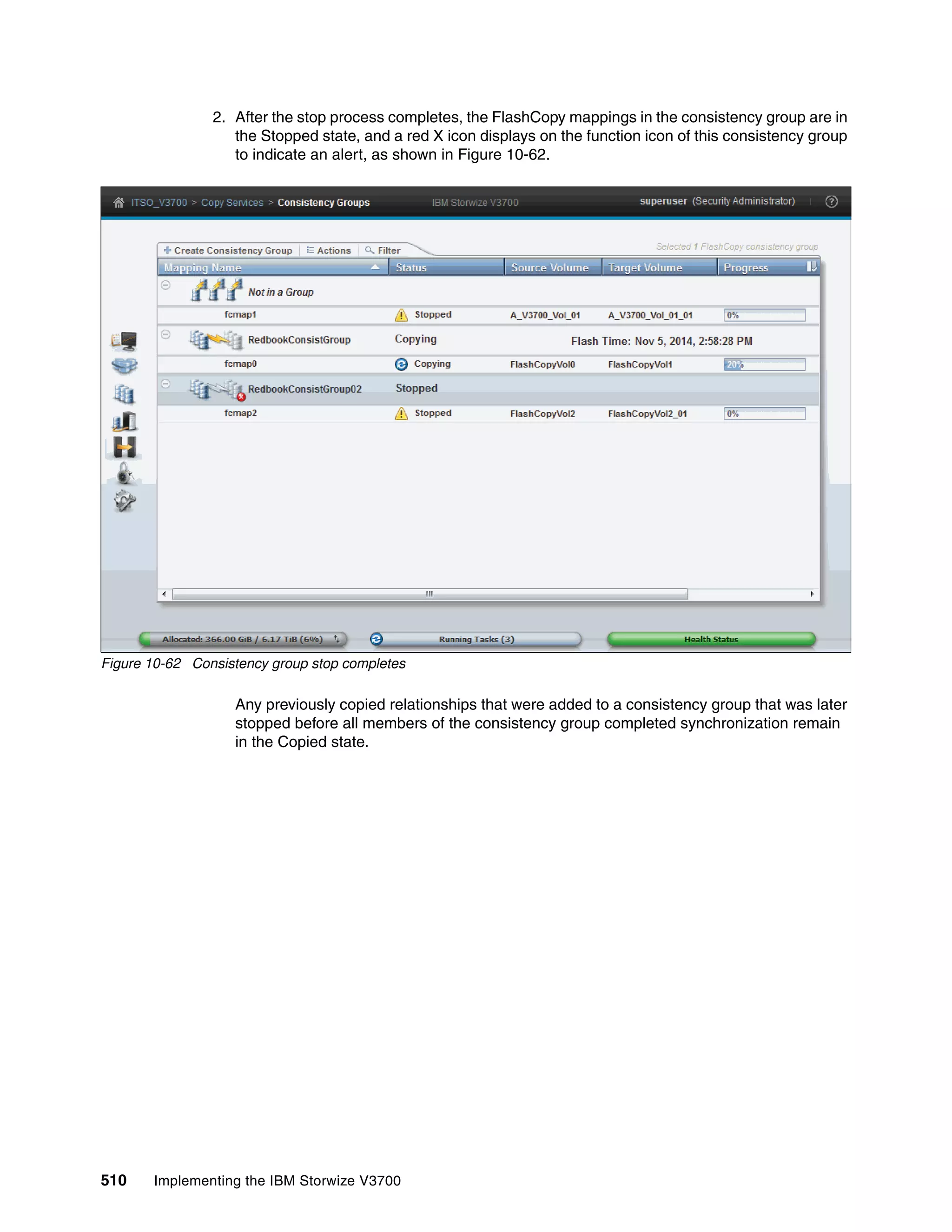 510 Implementing the IBM Storwize V3700
2. After the stop process completes, the FlashCopy mappings in the consistency group are in
the Stopped state, and a red X icon displays on the function icon of this consistency group
to indicate an alert, as shown in Figure 10-62.
Figure 10-62 Consistency group stop completes
Any previously copied relationships that were added to a consistency group that was later
stopped before all members of the consistency group completed synchronization remain
in the Copied state.
 