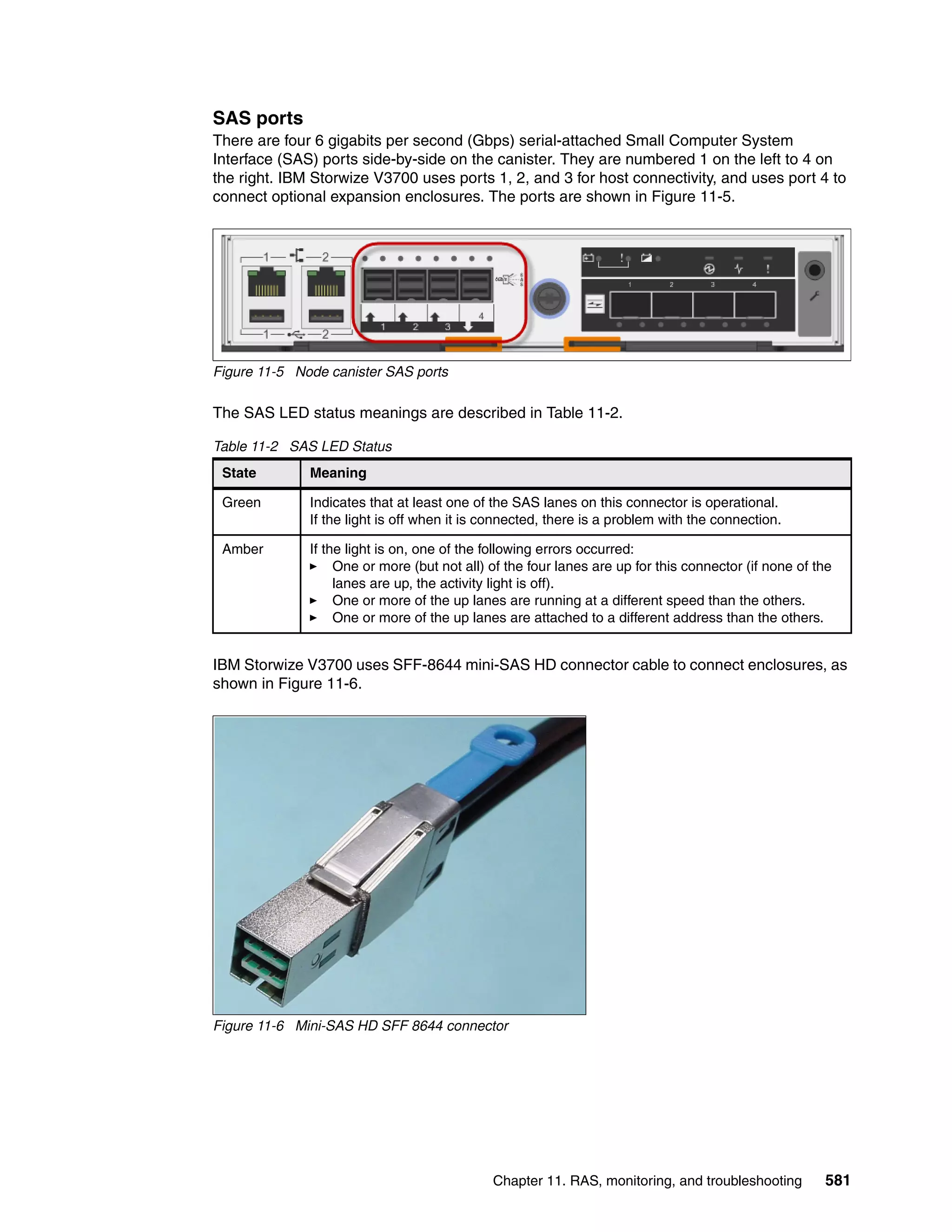 Chapter 11. RAS, monitoring, and troubleshooting 581
SAS ports
There are four 6 gigabits per second (Gbps) serial-attached Small Computer System
Interface (SAS) ports side-by-side on the canister. They are numbered 1 on the left to 4 on
the right. IBM Storwize V3700 uses ports 1, 2, and 3 for host connectivity, and uses port 4 to
connect optional expansion enclosures. The ports are shown in Figure 11-5.
Figure 11-5 Node canister SAS ports
The SAS LED status meanings are described in Table 11-2.
Table 11-2 SAS LED Status
IBM Storwize V3700 uses SFF-8644 mini-SAS HD connector cable to connect enclosures, as
shown in Figure 11-6.
Figure 11-6 Mini-SAS HD SFF 8644 connector
State Meaning
Green Indicates that at least one of the SAS lanes on this connector is operational.
If the light is off when it is connected, there is a problem with the connection.
Amber If the light is on, one of the following errors occurred:
One or more (but not all) of the four lanes are up for this connector (if none of the
lanes are up, the activity light is off).
One or more of the up lanes are running at a different speed than the others.
One or more of the up lanes are attached to a different address than the others.
 
