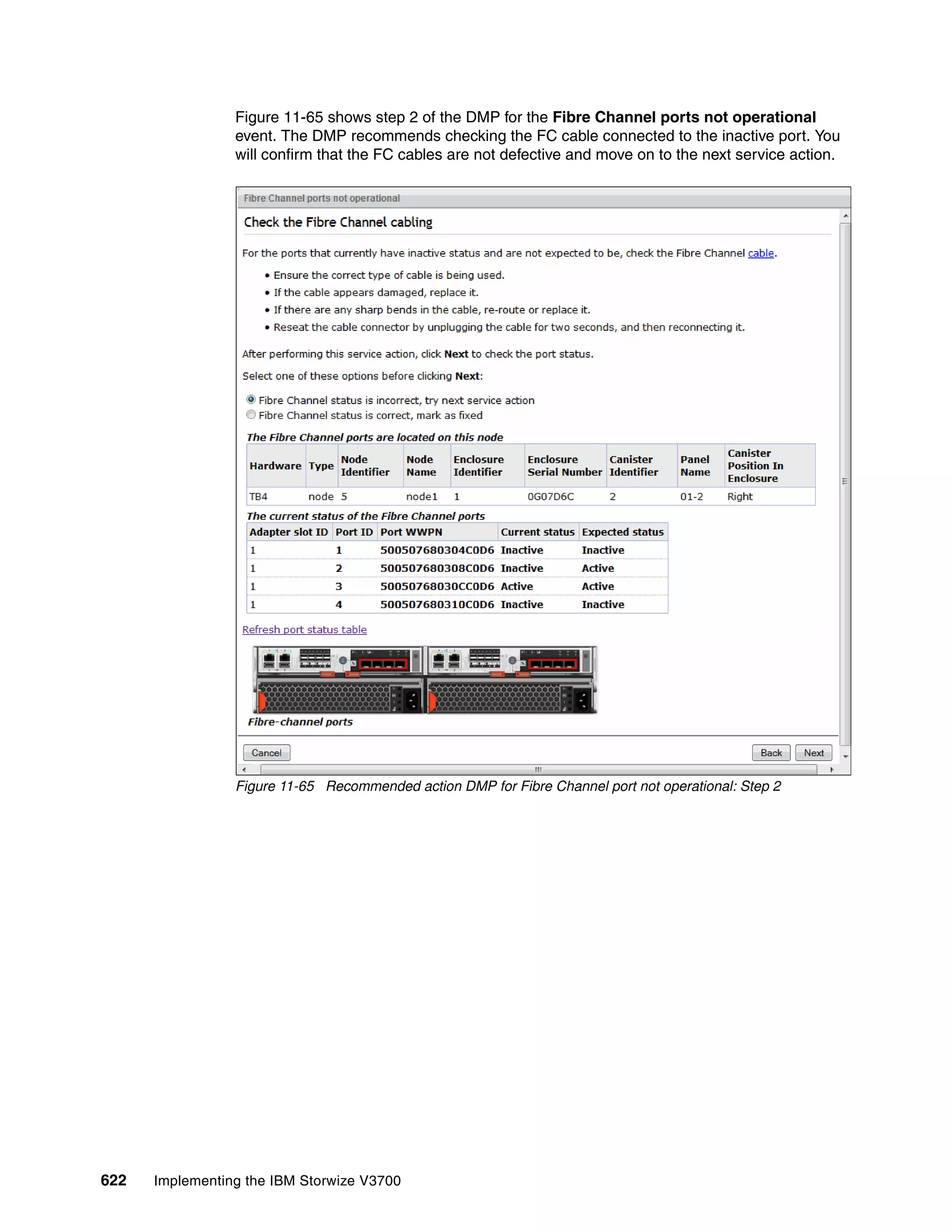 622 Implementing the IBM Storwize V3700
Figure 11-65 shows step 2 of the DMP for the Fibre Channel ports not operational
event. The DMP recommends checking the FC cable connected to the inactive port. You
will confirm that the FC cables are not defective and move on to the next service action.
Figure 11-65 Recommended action DMP for Fibre Channel port not operational: Step 2
 