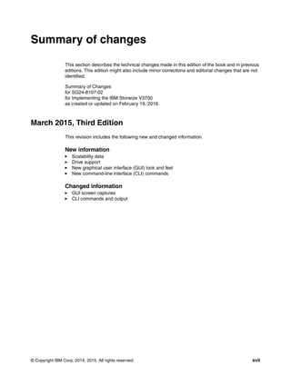 © Copyright IBM Corp. 2014, 2015. All rights reserved. xvii
Summary of changes
This section describes the technical changes made in this edition of the book and in previous
editions. This edition might also include minor corrections and editorial changes that are not
identified.
Summary of Changes
for SG24-8107-02
for Implementing the IBM Storwize V3700
as created or updated on February 19, 2016.
March 2015, Third Edition
This revision includes the following new and changed information.
New information
Scalability data
Drive support
New graphical user interface (GUI) look and feel
New command-line interface (CLI) commands
Changed information
GUI screen captures
CLI commands and output
 