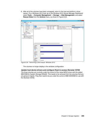 Chapter 6. Storage migration 269
6. After all of the volumes have been unmapped, return to the host and perform a drive
rescan. For a Windows 2012 host, go to the Windows 2012 Server Manager Dashboard,
select Tools → Computer Management → Storage → Disk Management, and select
Rescan Disks from the Actions menu, as shown in Figure 6-24.
Figure 6-24 Performing a drive rescan: Windows 2012
The volumes no longer display in the windows configuration.
Update host device drivers and configure fhost to access Storwize V3700
The three volumes are currently under the control of the native MPIO driver with the added
IBM DSM for System Storage DS3x00. This needs to be removed from the volumes that you
are going to migrate. They then need to be put under the control of IBM SDDDSM for use with
the Storwize V3700.
 