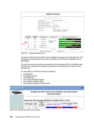 450 Implementing the IBM Storwize V3700
.
Figure 9-31 Selecting Storage Pool P1
As shown in Figure 9-32, the STAT shows the MDisks that construct the Storage Pool. If the
Storage Pool is constructed by more than one MDisk, the STAT shows additional lines for
each MDisk.
The tool also shows the performance statistics and the projected IOPS for the MDisks after
the Easy Tier processes and rebalancing operations are completed on the extents of the
Storage Pool.
For each MDisk, the STAT tool shows the following:
The MDisk ID
The Storage Pool ID
The MDisk type
The number of IOPS threshold
The utilization of MDisk IOPS
The projected utilization of MDisk IOPS
Figure 9-32 Storage Pool performance statistics
 