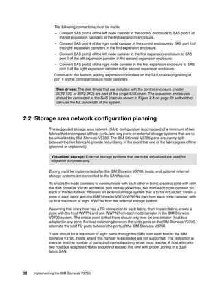 30 Implementing the IBM Storwize V3700
The following connections must be made:
– Connect SAS port 4 of the left node canister in the control enclosure to SAS port 1 of
the left expansion canisters in the first expansion enclosure.
– Connect SAS port 4 of the right node canister in the control enclosure to SAS port 1 of
the right expansion canisters in the first expansion enclosure.
– Connect SAS port 2 of the left node canister in the first expansion enclosure to SAS
port 1 of the left expansion canister in the second expansion enclosure.
– Connect SAS port 2 of the right node canister in the first expansion enclosure to SAS
port 1 of the right expansion canister in the second expansion enclosure.
Continue in this fashion, adding expansion controllers on the SAS chains originating at
port 4 on the control enclosure node canisters.
2.2 Storage area network configuration planning
The suggested storage area network (SAN) configuration is composed of a minimum of two
fabrics that encompass all host ports, and any ports on external storage systems that are to
be virtualized by IBM Storwize V3700. The IBM Storwize V3700 ports are evenly split
between the two fabrics to provide redundancy in the event that one of the fabrics goes offline
(planned or unplanned).
Zoning must be implemented after the IBM Storwize V3700, hosts, and optional external
storage systems are connected to the SAN fabrics.
To enable the node canisters to communicate with each other in band, create a zone with only
the IBM Storwize V3700 worldwide port names (WWPNs), two from each node canister, on
each of the two fabrics. If there is an external storage system that is to be virtualized, create a
zone in each fabric with the IBM Storwize V3700 WWPNs (two from each node canister) with
up to a maximum of eight WWPNs from the external storage system.
Assuming that every host has a FC connection to each fabric, then in each fabric, create a
zone with the host WWPN and one WWPN from each node canister in the IBM Storwize
V3700 system. The critical point is that there should only ever be one initiator (host bus
adapter) in any zone. For load balancing between the node ports on the IBM Storwize V3700,
alternate the host FC ports between the ports of the IBM Storwize V3700.
There should be a maximum of eight paths through the SAN from each host to the IBM
Storwize V3700. Hosts where this number is exceeded are not supported. The restriction is
there to limit the number of paths that the multipathing driver must resolve. A host with only
two host bus adapters (HBAs) should not exceed this limit with proper zoning in a dual-
fabric SAN.
Disk drives: The disk drives that are included with the control enclosure (model
2072-12C or 2072-24C) are part of the single SAS chain. The expansion enclosures
should be connected to the SAS chain as shown in Figure 2-1 on page 29 so that they
can use the full bandwidth of the system.
Virtualized storage: External storage systems that are to be virtualized are used for
migration purposes only.
 