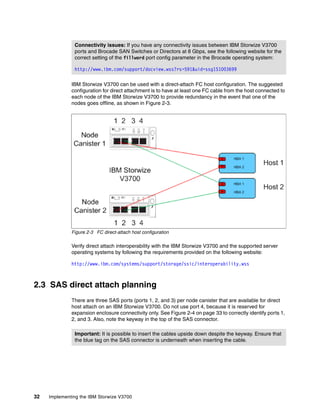 32 Implementing the IBM Storwize V3700
IBM Storwize V3700 can be used with a direct-attach FC host configuration. The suggested
configuration for direct attachment is to have at least one FC cable from the host connected to
each node of the IBM Storwize V3700 to provide redundancy in the event that one of the
nodes goes offline, as shown in Figure 2-3.
Figure 2-3 FC direct-attach host configuration
Verify direct attach interoperability with the IBM Storwize V3700 and the supported server
operating systems by following the requirements provided on the following website:
http://www.ibm.com/systems/support/storage/ssic/interoperability.wss
2.3 SAS direct attach planning
There are three SAS ports (ports 1, 2, and 3) per node canister that are available for direct
host attach on an IBM Storwize V3700. Do not use port 4, because it is reserved for
expansion enclosure connectivity only. See Figure 2-4 on page 33 to correctly identify ports 1,
2, and 3. Also, note the keyway in the top of the SAS connector.
Connectivity issues: If you have any connectivity issues between IBM Storwize V3700
ports and Brocade SAN Switches or Directors at 8 Gbps, see the following website for the
correct setting of the fillword port config parameter in the Brocade operating system:
http://www.ibm.com/support/docview.wss?rs=591&uid=ssg1S1003699
Important: It is possible to insert the cables upside down despite the keyway. Ensure that
the blue tag on the SAS connector is underneath when inserting the cable.
 
