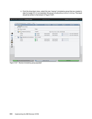 514 Implementing the IBM Storwize V3700
4. From the drop-down menu, select the new “reverse” consistency group that you created in
step 3 on page 513. In our example, this group is RedBookReverseConsistGroup. The result
should be similar to that shown in Figure 10-67.
Figure 10-67 Reverse Consistency group populated
 