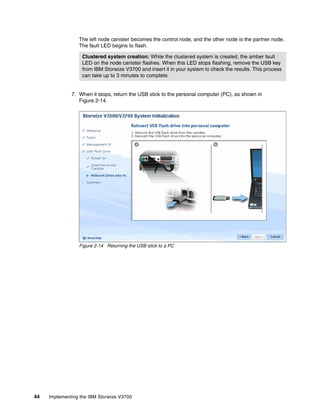 44 Implementing the IBM Storwize V3700
The left node canister becomes the control node, and the other node is the partner node.
The fault LED begins to flash.
7. When it stops, return the USB stick to the personal computer (PC), as shown in
Figure 2-14.
Figure 2-14 Returning the USB stick to a PC
Clustered system creation: While the clustered system is created, the amber fault
LED on the node canister flashes. When this LED stops flashing, remove the USB key
from IBM Storwize V3700 and insert it in your system to check the results. This process
can take up to 3 minutes to complete.
 