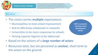 • The vision carries multiple expectations:
• Municipalities to lead school improvement
• And to effectively collaborate in networks
• Universities to be more responsive to schools
• Varying capacity legacies to be addressed
• Based on the actions of a large number of actors
• Resources exist, but are perceived as unclear, short term to
the actors on the ground.
15
Smart policy design (2/2)
Will it succeed in
meeting school
development
needs?
Main issues
 