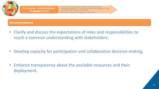 20
A highly decentralised decisional system, EAG 2012
• Clarify and discuss the expectations of roles and responsibilities to
reach a common understanding with stakeholders.
• Develop capacity for participation and collaborative decision-making.
• Enhance transparency about the available resources and their
deployment.
Recommendations
 