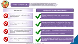 25
Smart policy design (2/2)
Strategic dialogue including all levels to ensure reform
coherence
Build strategic capacity at municipal level (at least)
• Major action: country governors rising this as a priority during the next
collaboration forum
• Use current networks/capacity building platforms (e.g. KS’ seminars)
Set up indicators & data collection mechanisms, or use the
relevant ones.
•E.g.: in-class observations by fellow teachers or school leaders
Developing dialogue between school owners and universities
using scientific-based terms and transforming into common
language
Suggestions on how to address them
Competition between CPD schemes and
lack of coherence
Lack of strategic planning capacity at
municipal level
Lack of effective feedback cycle to monitor
money use; to measure change in the
classroom
Lack of shared understanding (language)
among actors (e.g. owners vs universities)
Main barriers
(Stakeholder seminar, Oslo, October 18th 2018)
 