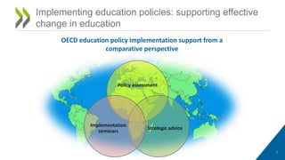 7
Implementing education policies: supporting effective
change in education
Policy assessment
Strategic advice
Implementation
seminars
OECD education policy implementation support from a
comparative perspective
 