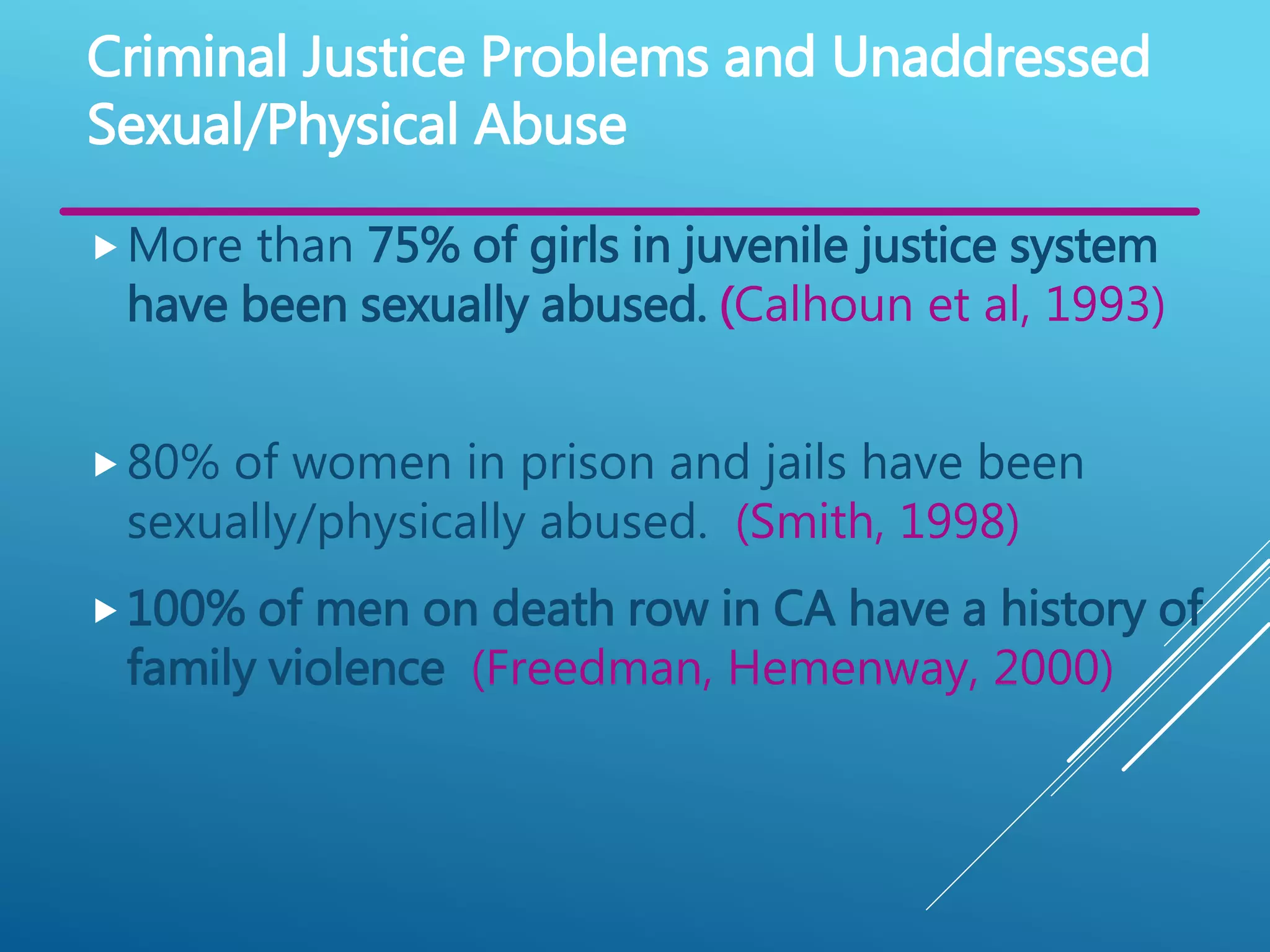 More than 75% of girls in juvenile justice system
have been sexually abused. (Calhoun et al, 1993)
Criminal Justice Problems and Unaddressed
Sexual/Physical Abuse
80% of women in prison and jails have been
sexually/physically abused. (Smith, 1998)
100% of men on death row in CA have a history of
family violence (Freedman, Hemenway, 2000)
 
