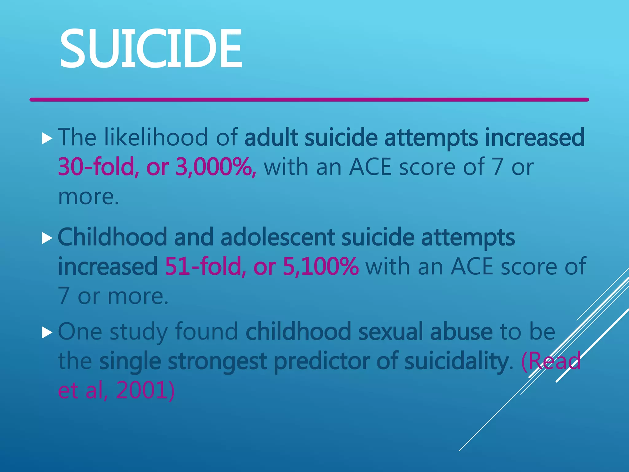 SUICIDE
The likelihood of adult suicide attempts increased
30-fold, or 3,000%, with an ACE score of 7 or
more.
Childhood and adolescent suicide attempts
increased 51-fold, or 5,100% with an ACE score of
7 or more.
One study found childhood sexual abuse to be
the single strongest predictor of suicidality. (Read
et al, 2001)
 