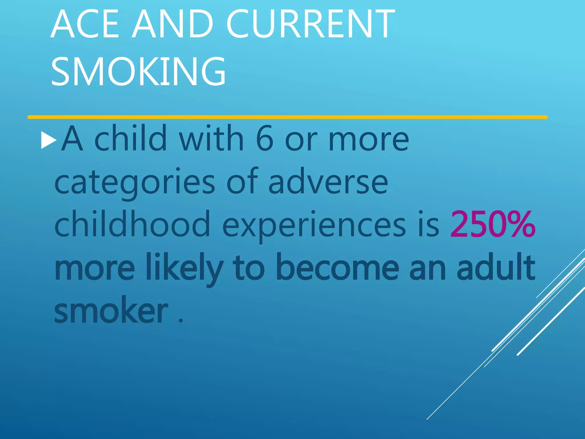 ACE AND CURRENT
SMOKING
A child with 6 or more
categories of adverse
childhood experiences is 250%
more likely to become an adult
smoker .
 
