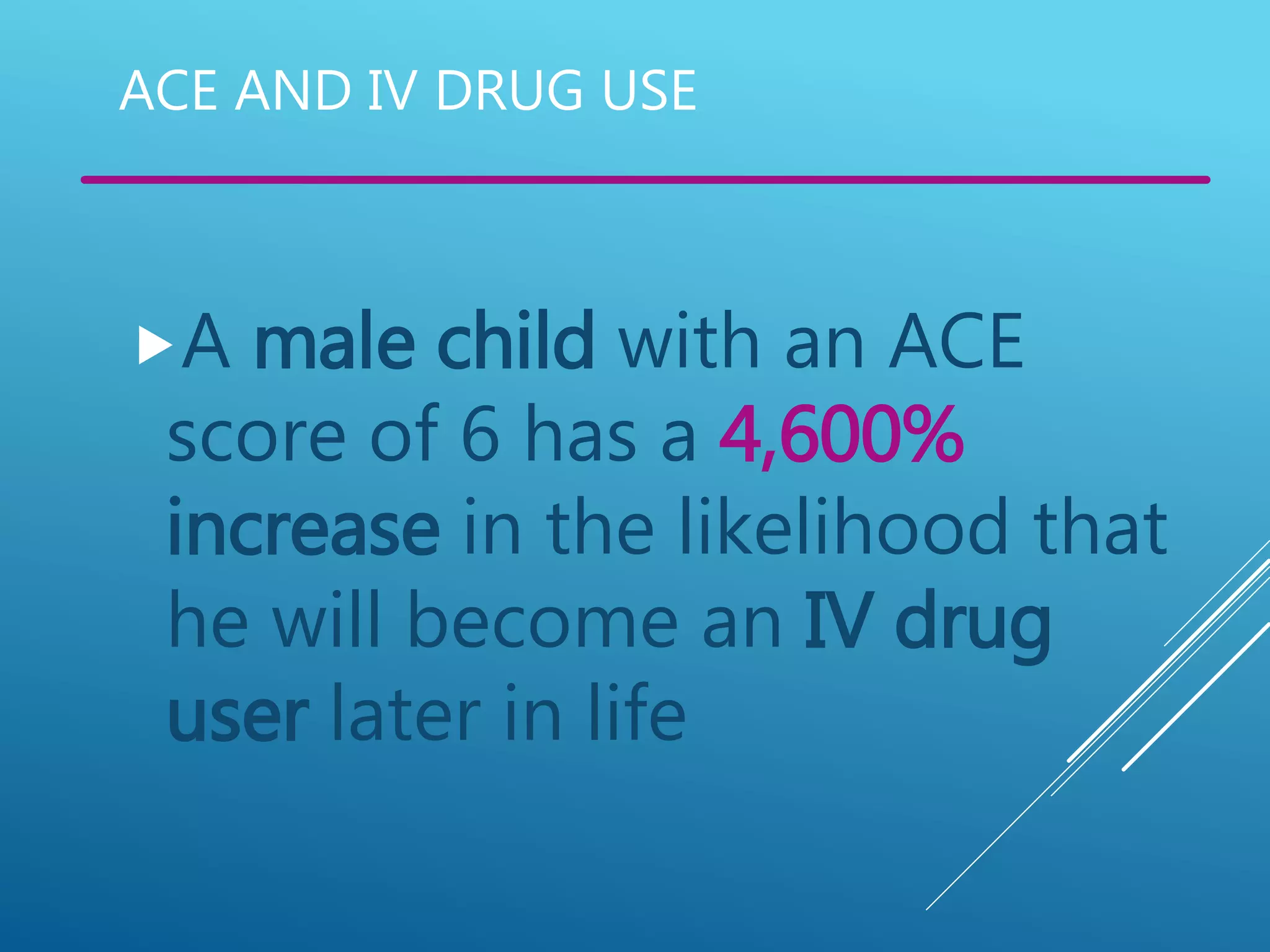 ACE AND IV DRUG USE
A male child with an ACE
score of 6 has a 4,600%
increase in the likelihood that
he will become an IV drug
user later in life
 
