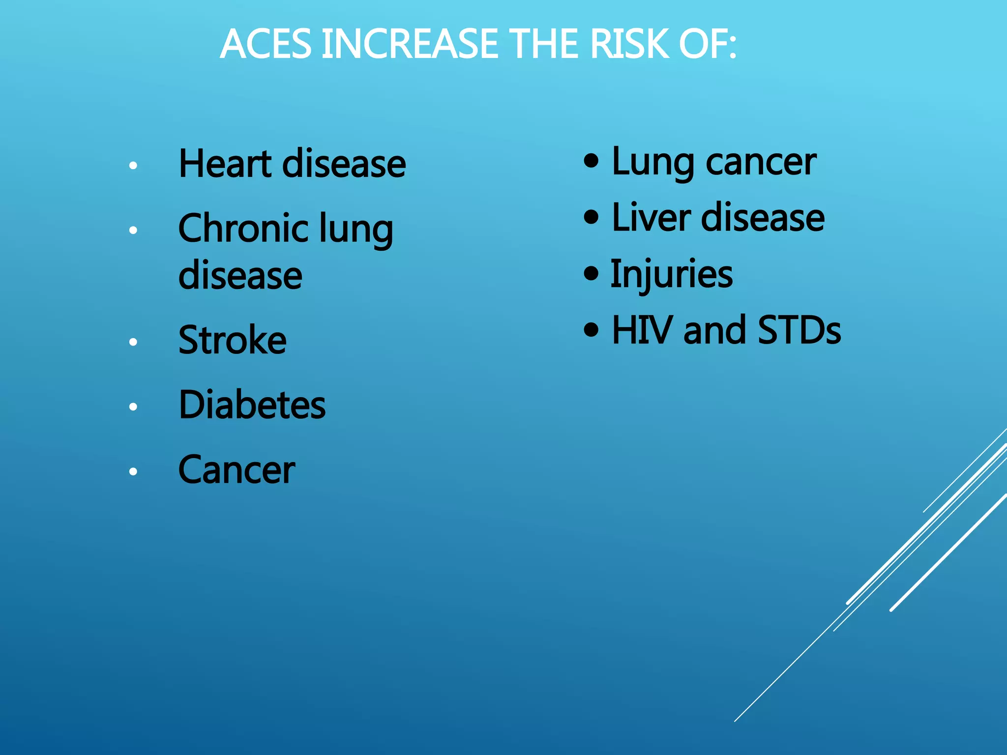 ACES INCREASE THE RISK OF:
• Heart disease
• Chronic lung
disease
• Stroke
• Diabetes
• Cancer
 Lung cancer
 Liver disease
 Injuries
 HIV and STDs
 