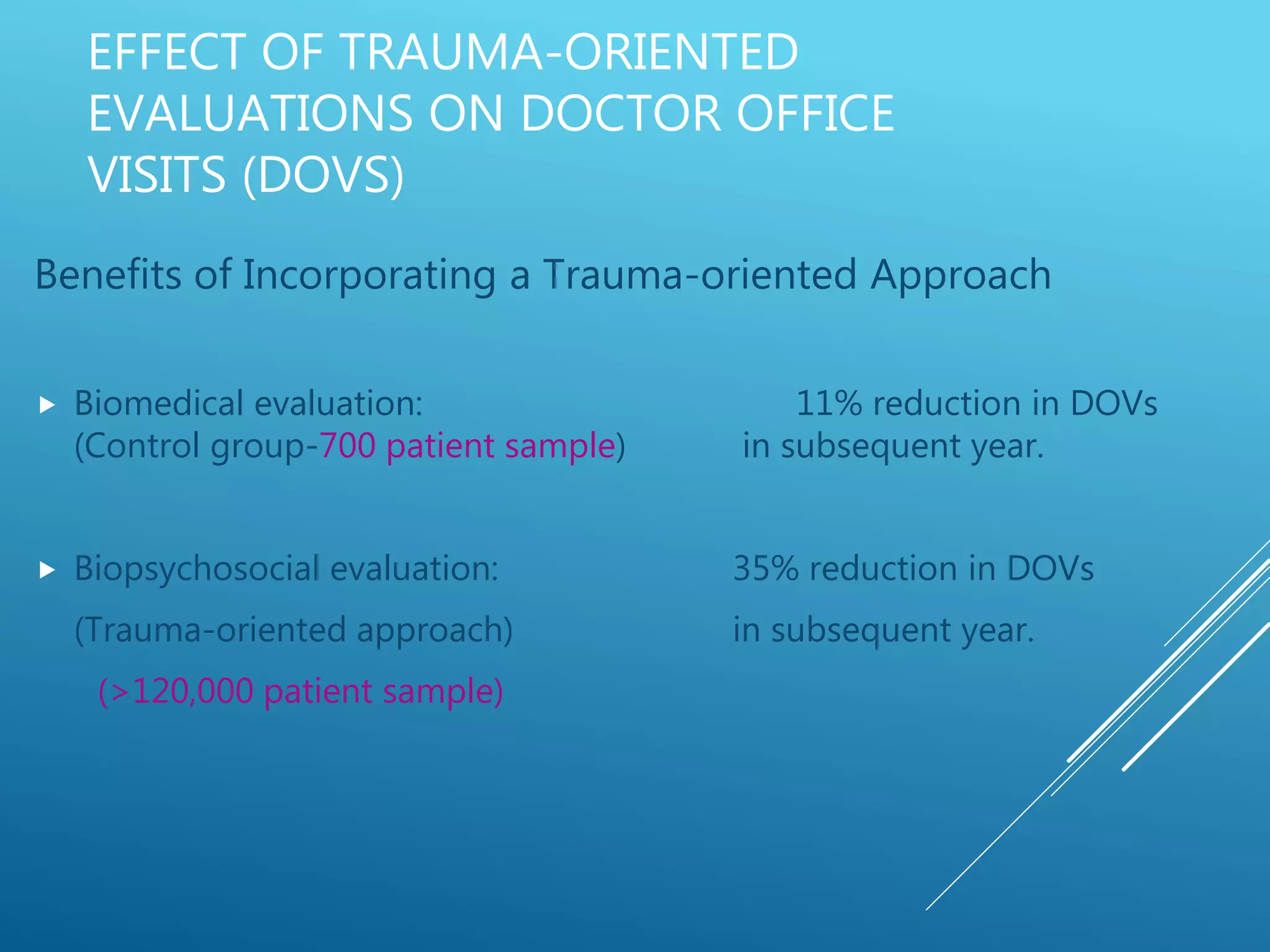 EFFECT OF TRAUMA-ORIENTED
EVALUATIONS ON DOCTOR OFFICE
VISITS (DOVS)
Benefits of Incorporating a Trauma-oriented Approach
 Biomedical evaluation: 11% reduction in DOVs
(Control group-700 patient sample) in subsequent year.
 Biopsychosocial evaluation: 35% reduction in DOVs
(Trauma-oriented approach) in subsequent year.
(>120,000 patient sample)
 