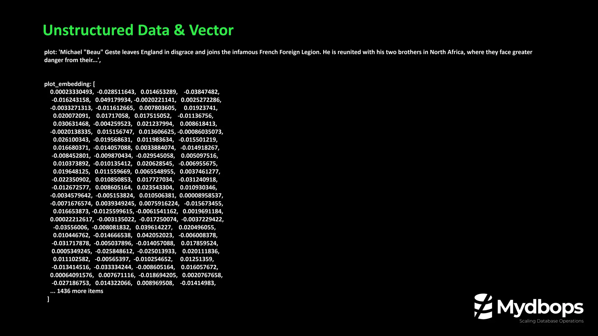 plot: 'Michael "Beau" Geste leaves England in disgrace and joins the infamous French Foreign Legion. He is reunited with his two brothers in North Africa, where they face greater
danger from their...',
plot_embedding: [
0.00023330493, -0.028511643, 0.014653289, -0.03847482,
-0.016243158, 0.049179934, -0.0020221141, 0.0025272286,
-0.0033271313, -0.011612665, 0.007803605, 0.01923741,
0.020072091, 0.01717058, 0.017515052, -0.01136756,
0.030631468, -0.004259523, 0.021237994, 0.008618413,
-0.0020138335, 0.015156747, 0.013606625, -0.00086035073,
0.026100343, -0.019568631, 0.011983634, -0.015501219,
0.016680371, -0.014057088, 0.0033884074, -0.014918267,
-0.008452801, -0.009870434, -0.029545058, 0.005097516,
0.010373892, -0.010135412, 0.020628545, -0.006955675,
0.019648125, 0.011559669, 0.0065548955, 0.0037461277,
-0.022350902, 0.010850853, 0.017727034, -0.031240918,
-0.012672577, 0.008605164, 0.023543304, 0.010930346,
-0.0034579642, -0.005153824, 0.010506381, 0.00008958537,
-0.0071676574, 0.0039349245, 0.0075916224, -0.015673455,
0.016653873, -0.0125599615, -0.0061541162, 0.0019691184,
0.00022212617, -0.003135022, -0.017250074, -0.0037229422,
-0.03556006, -0.008081832, 0.039614227, 0.020496055,
0.010446762, -0.014666538, 0.042052023, -0.006008378,
-0.031717878, -0.005037896, -0.014057088, 0.017859524,
0.0005349245, -0.025848612, -0.025013933, 0.020111836,
0.011102582, -0.00565397, -0.010254652, 0.01251359,
-0.013414516, -0.033334244, -0.008605164, 0.016057672,
0.00064091576, 0.007671116, -0.018694205, 0.0020767658,
-0.027186753, 0.014322066, 0.008969508, -0.01414983,
... 1436 more items
]
Unstructured Data & Vector
 