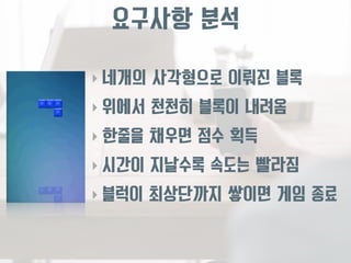 요구사항 분석 
‣네개의 사각형으로 이뤄진 블록 
‣위에서 천천히 블록이 내려옴 
‣한줄을 채우면 점수 획득 
‣ 시간이 지날수록 속도는 빨라짐 
‣블럭이 최상단까지 쌓이면 게임 종료 
 