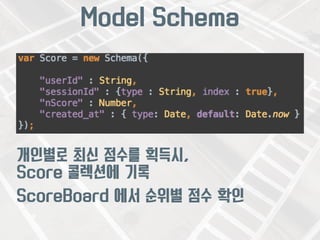 Model Schema 
개인별로 최신 점수를 획득시, 
Score 콜렉션에 기록 
ScoreBoard 에서 순위별 점수 확인 
 