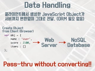 Data Handling 
클라이언트에서 생성한 JavaScript Object가 
서버까지 변환없이 그대로 전달. (ORM 필요 없음) 
Create Object 
from Client (Browser) 
Web 
Server 
NoSQL 
Database 
Pass-thru without converting!! 
 