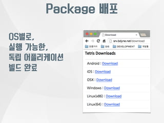 Package 배포 
OS별로, 
실행 가능한, 
독립 어플리케이션 
빌드 완료 
 