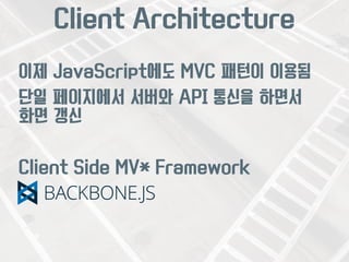 Client Architecture 
이제 JavaScript에도 MVC 패턴이 이용됨 
단일 페이지에서 서버와 API 통신을 하면서 
화면 갱신 
Client Side MV* Framework 
 