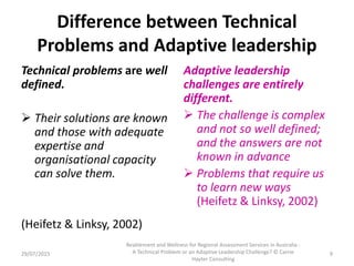 Difference between Technical
Problems and Adaptive leadership
Technical problems are well
defined.
 Their solutions are k...