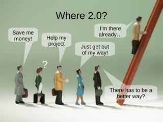 Where 2.0? Just get out of my way! I’m there already… Help my project Save me money! ? There has to be a better way? 