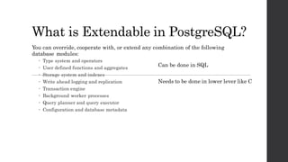 What is Extendable in PostgreSQL?
You can override, cooperate with, or extend any combination of the following
database mo...